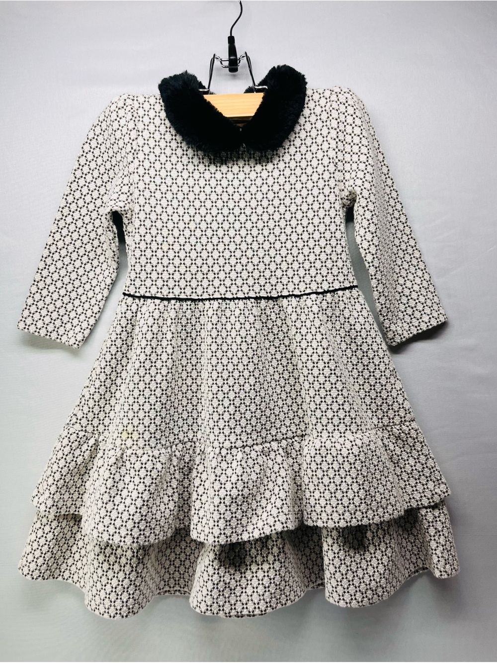 Janie and Jack White and Black Lace Tiered Dress with Black Faux Fur Collar
